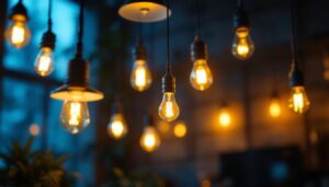 A photograph of a well-lit interior space featuring various styles of can lights with different bulb types