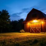A photograph of a beautifully lit outdoor barn scene at dusk