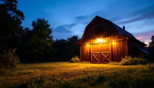 A photograph of a beautifully lit outdoor barn scene at dusk