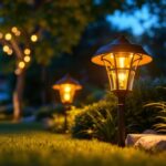 A photograph of a beautifully landscaped outdoor space illuminated by stylish solar-powered decorative lights at dusk
