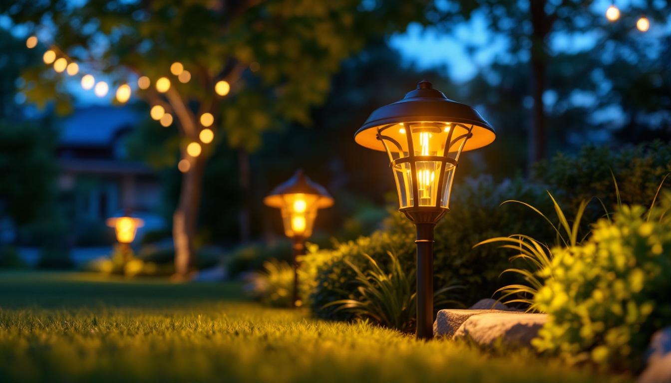 A photograph of a beautifully landscaped outdoor space illuminated by stylish solar-powered decorative lights at dusk