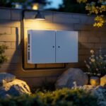 A photograph of a well-installed outdoor wiring box integrated into a beautifully landscaped garden setting