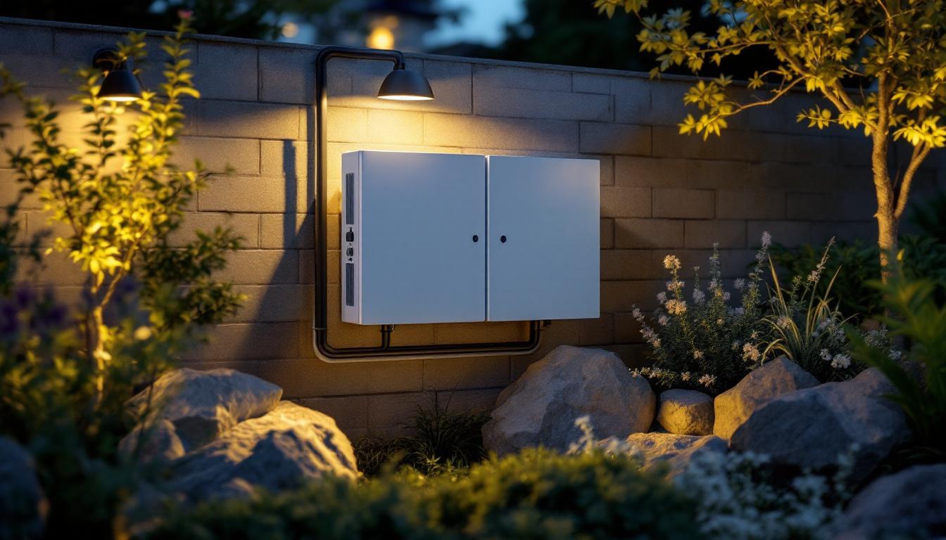 A photograph of a well-installed outdoor wiring box integrated into a beautifully landscaped garden setting