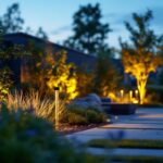 A photograph of a beautifully illuminated outdoor space featuring various accent lights strategically placed among landscaping elements