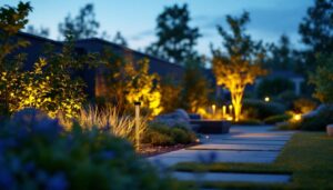 A photograph of a beautifully illuminated outdoor space featuring various accent lights strategically placed among landscaping elements
