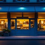 A photograph of a well-lit storefront at dusk