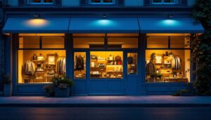 A photograph of a well-lit storefront at dusk
