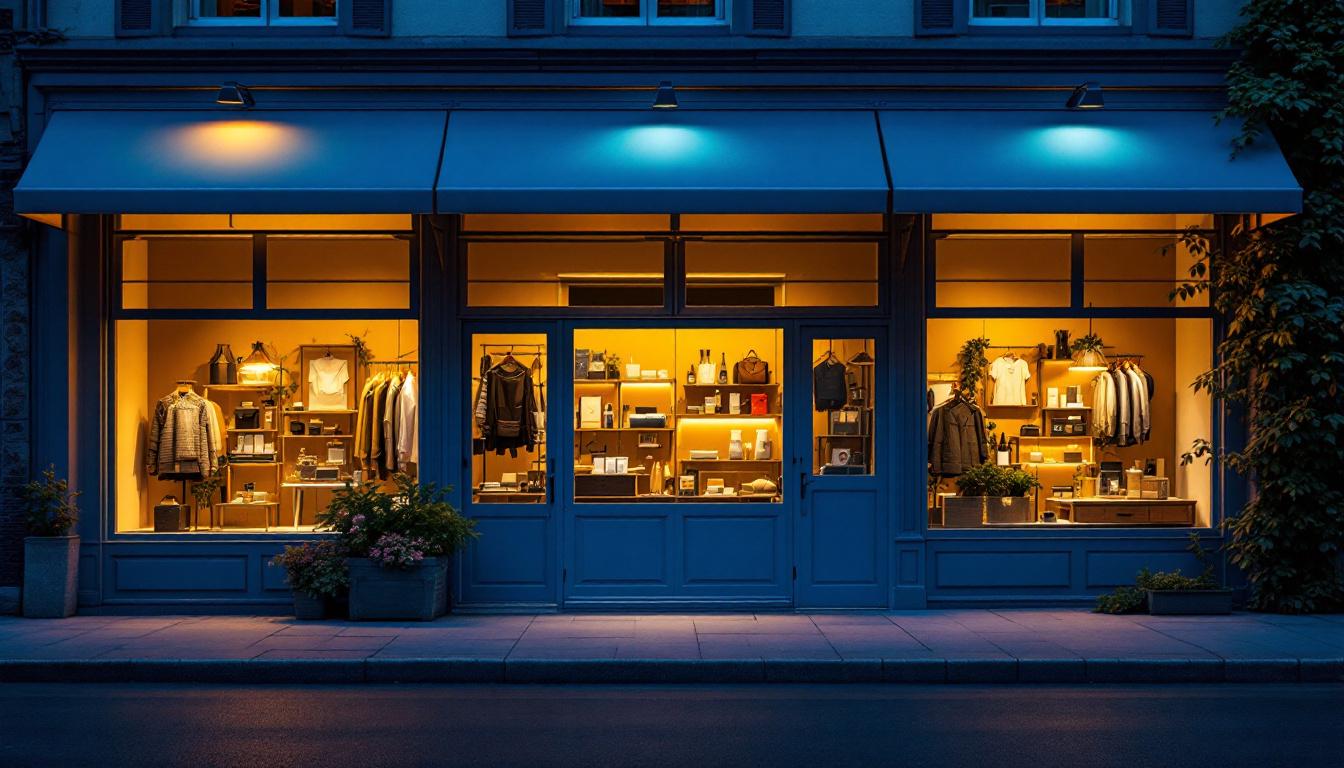 A photograph of a well-lit storefront at dusk