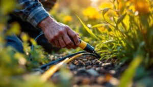 A photograph of a lighting contractor installing low voltage connectors in a beautifully landscaped outdoor setting