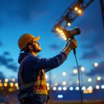 A photograph of a lighting contractor expertly installing outdoor arena lights at dusk