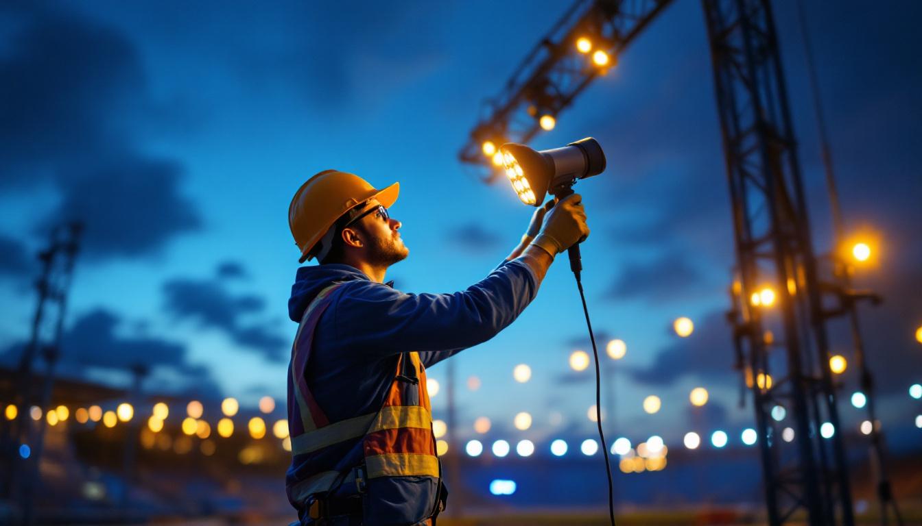 A photograph of a lighting contractor expertly installing outdoor arena lights at dusk