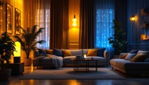 A photograph of a beautifully illuminated room showcasing dim led lights in various settings