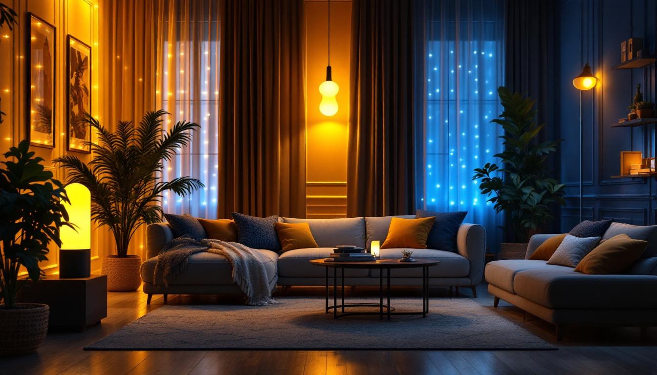 A photograph of a beautifully illuminated room showcasing dim led lights in various settings