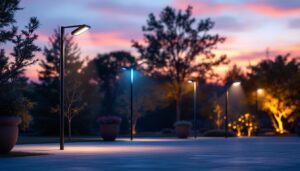A photograph of a beautifully illuminated outdoor space featuring various pole lighting fixtures in action