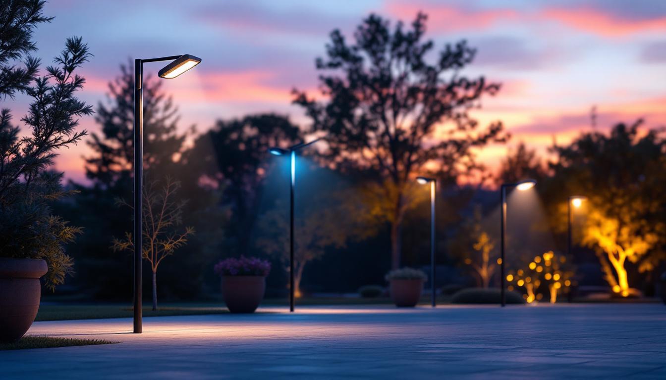 A photograph of a beautifully illuminated outdoor space featuring various pole lighting fixtures in action