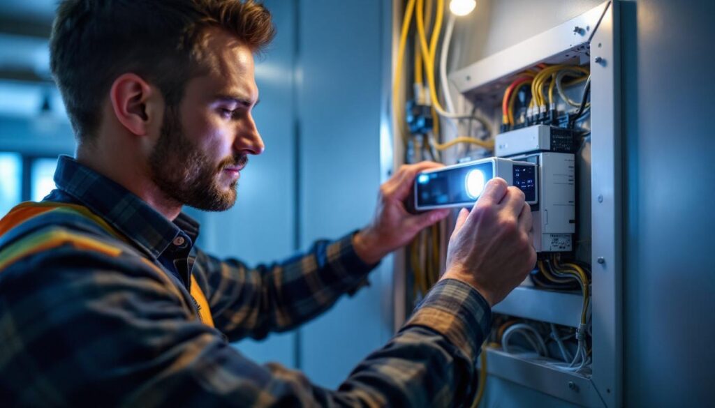 A photograph of a lighting contractor installing the leviton power pack in a modern electrical panel