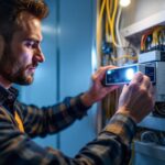 A photograph of a lighting contractor installing the leviton power pack in a modern electrical panel