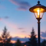A photograph of a beautifully designed home light pole illuminated at dusk