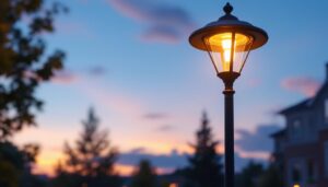 A photograph of a beautifully designed home light pole illuminated at dusk