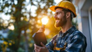 A photograph of capture a photograph of a lighting contractor installing a solar panel light bulb in an outdoor setting