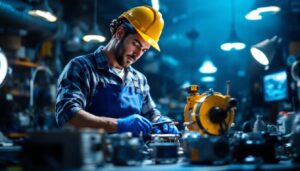 A photograph of a skilled electrician or lighting technician working with various types of ballasts in a well-lit workshop