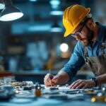 A photograph of a skilled lighting contractor working with various led lighting components