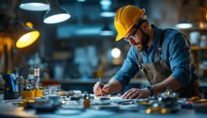 A photograph of a skilled lighting contractor working with various led lighting components