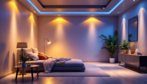 A photograph of a beautifully designed room featuring recessed lighting