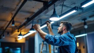 A photograph of a professional lighting contractor installing mounted led lights in a modern interior setting