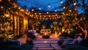 A photograph of a beautifully illuminated patio at dusk