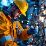 A photograph of a lighting contractor expertly installing weatherproof wire connectors in an outdoor setting