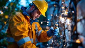 A photograph of a lighting contractor expertly installing weatherproof wire connectors in an outdoor setting