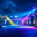 A photograph of a vibrant outdoor scene illuminated by colorful flood lights