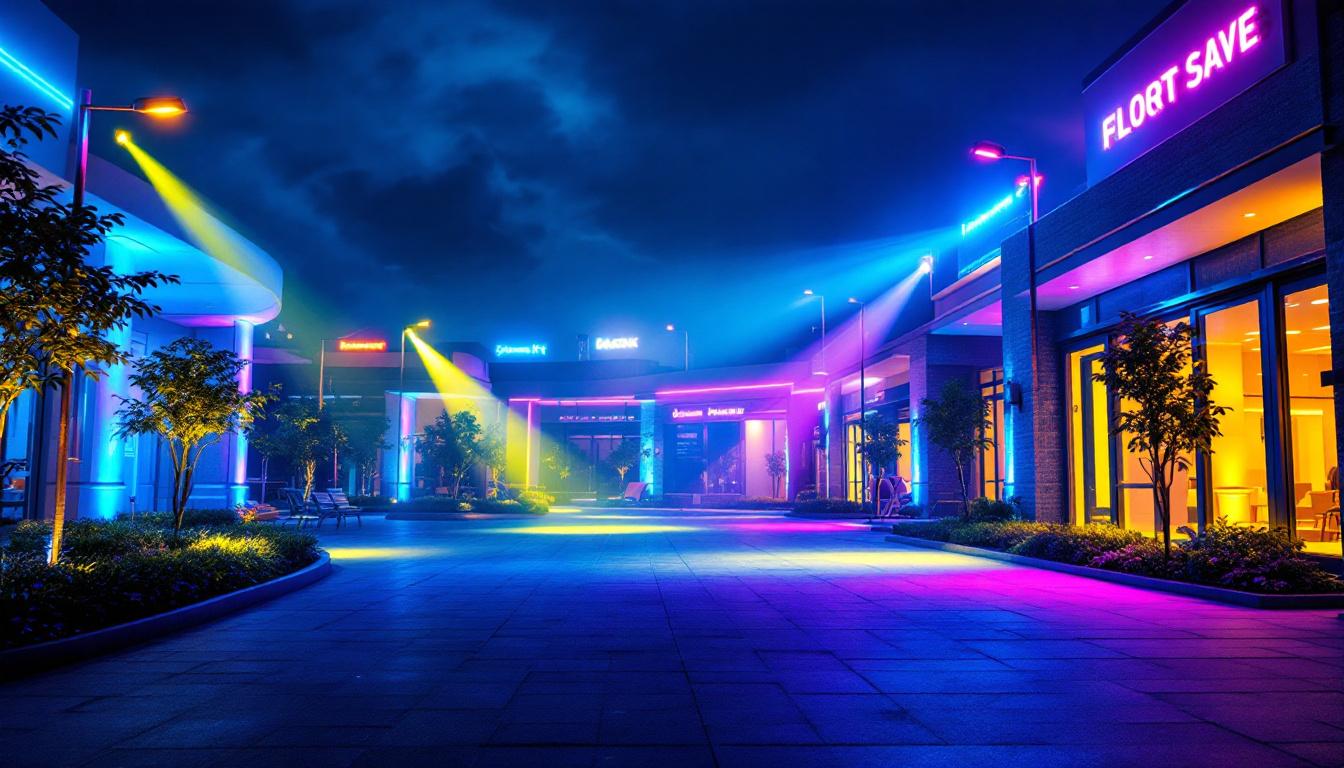 A photograph of a vibrant outdoor scene illuminated by colorful flood lights