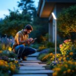A photograph of a lighting contractor installing an innovative outdoor lamp in a beautifully landscaped garden