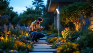 A photograph of a lighting contractor installing an innovative outdoor lamp in a beautifully landscaped garden