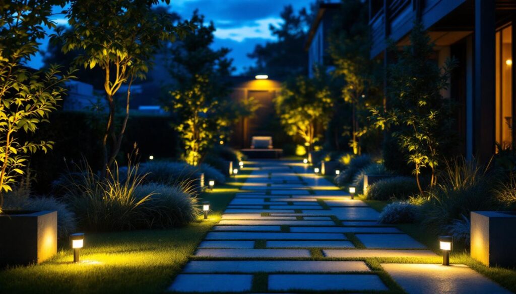 A photograph of a well-lit outdoor space showcasing a motion flood light in action