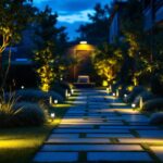 A photograph of a well-lit outdoor space showcasing a motion flood light in action