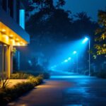 A photograph of capture a photograph of a well-lit outdoor scene showcasing various types of flood lights illuminating a commercial or residential space