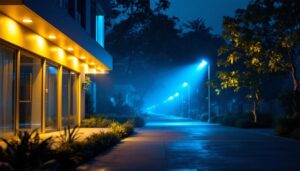A photograph of capture a photograph of a well-lit outdoor scene showcasing various types of flood lights illuminating a commercial or residential space