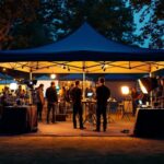 A photograph of a well-lit pop-up canopy set up at a nighttime outdoor event
