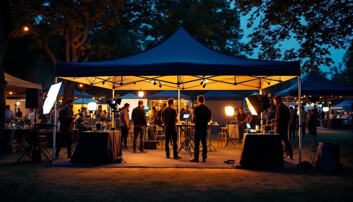 A photograph of a well-lit pop-up canopy set up at a nighttime outdoor event