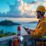 A photograph of a lighting contractor inspecting various outdoor lighting fixtures on a picturesque island setting