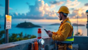 A photograph of a lighting contractor inspecting various outdoor lighting fixtures on a picturesque island setting
