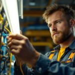 A photograph of a skilled lighting contractor expertly wiring a fluorescent lamp in a well-lit workspace