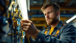 A photograph of a skilled lighting contractor expertly wiring a fluorescent lamp in a well-lit workspace