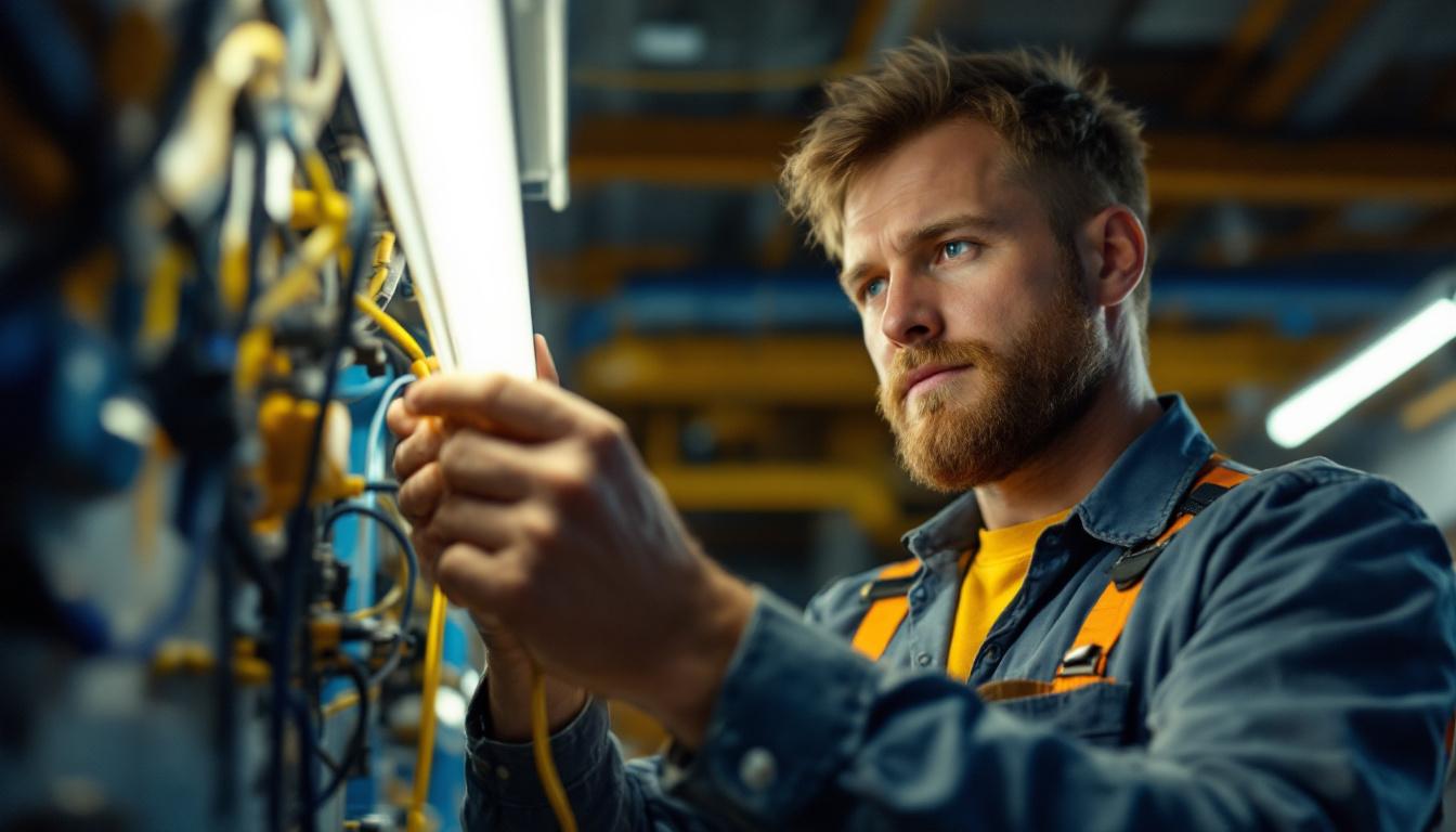 A photograph of a skilled lighting contractor expertly wiring a fluorescent lamp in a well-lit workspace