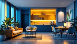 A photograph of a well-lit modern interior featuring 4-inch led recessed lighting installations