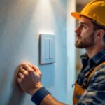 A photograph of a lighting contractor expertly installing a modern