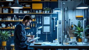 A photograph of a well-organized workspace featuring various light pole designs and components